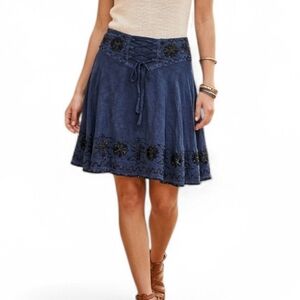 Vintage Blue Boho Lace-Up Boho Mini Skirt